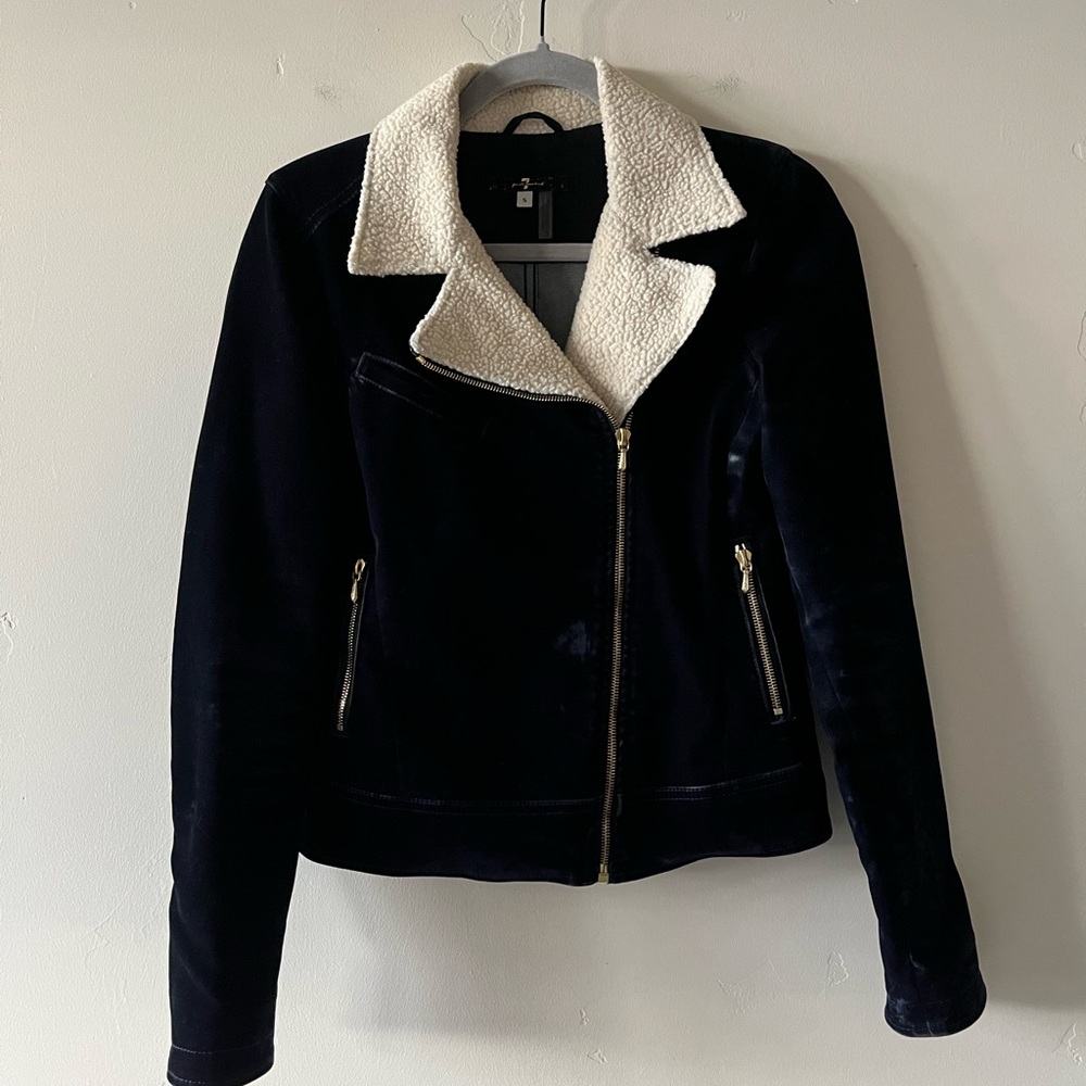 7 For All Mankind Navy VELVET Jacket with Cream Teddy Collar - Size S